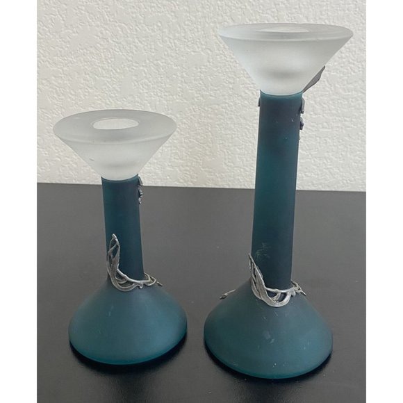 Turquoise Frosted Glass Candlesticks with tin Fairies Short and long Blue Green - Picture 4 of 8